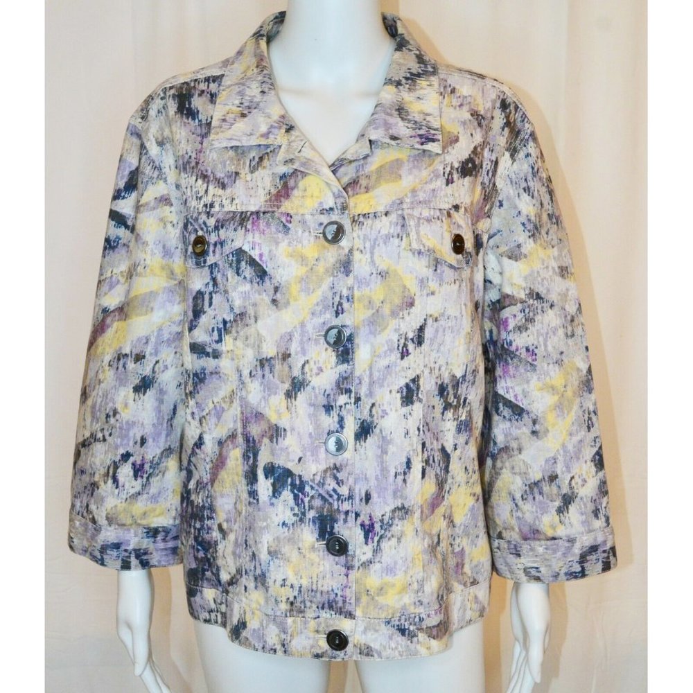 Chico’s Linen Blend Abstract Button Front Jacket … - image 1
